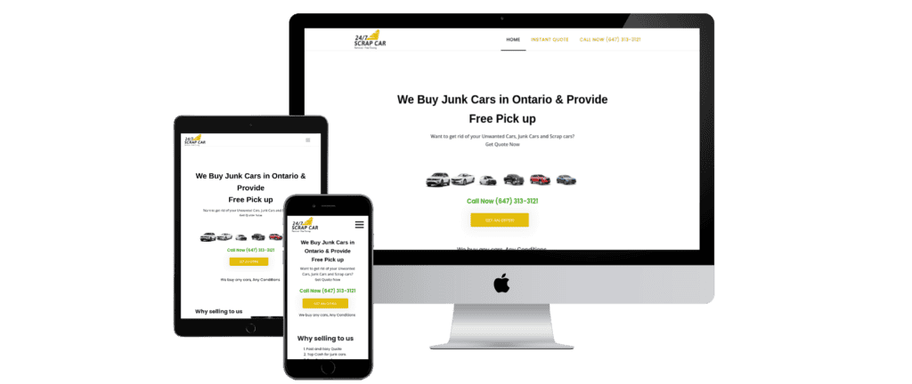 A mobile phone, tablet, and computer screen displaying a website for a car rental company targeting marketers.