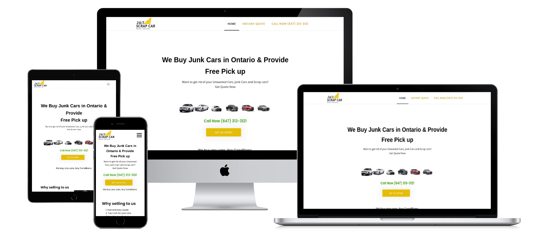 A mobile phone displaying a website optimized for Auto Recycling lead gen.