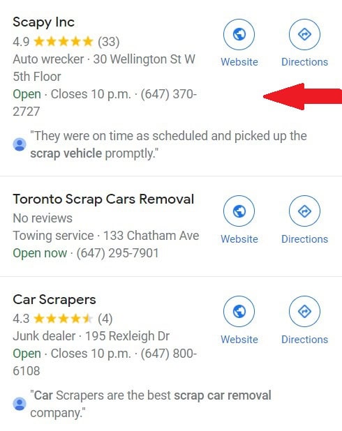 Auto Recycling Marketers helped scapy to get ranked top position in Google Maps and local business listing.