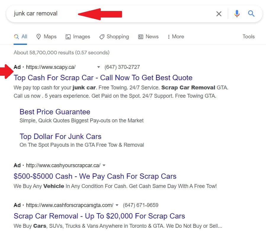 A search for a car removal service with Auto Recycling SEO.