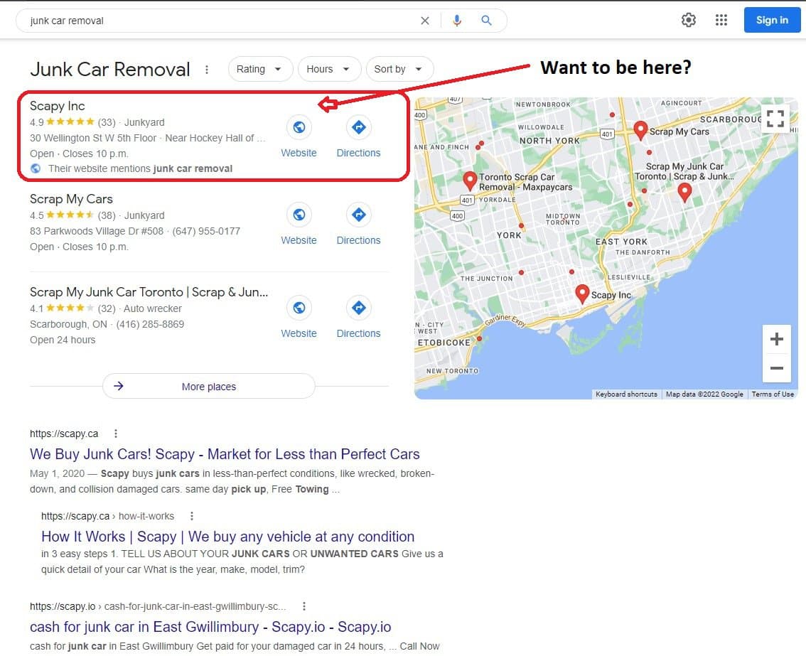 Google search results for "junk car removal" showing a map and listed businesses. The first listing, Scapy Inc, is highlighted with details like address, rating, hours, and a website link.