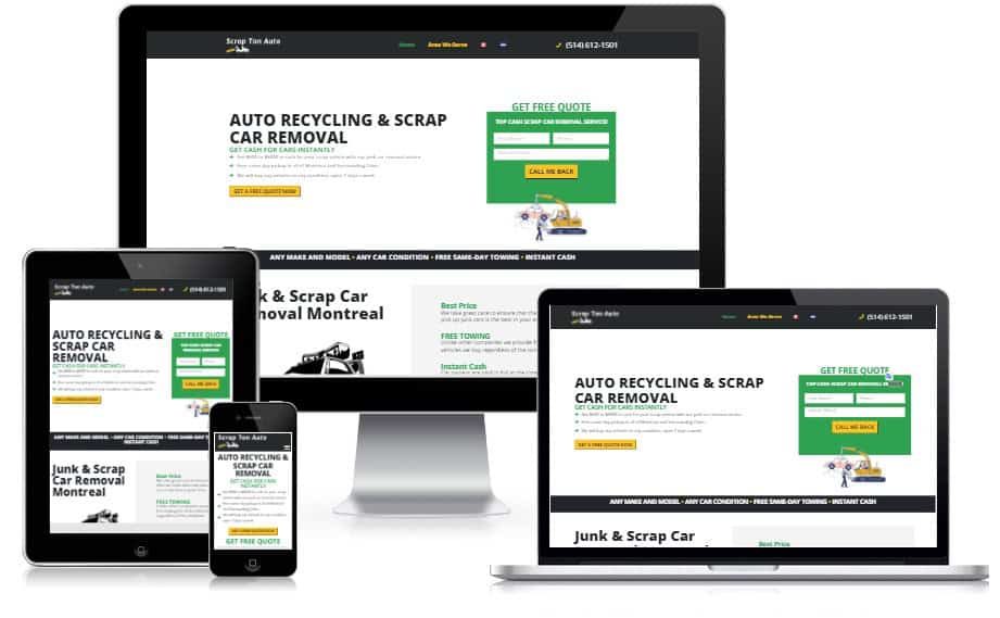 Responsive website design for "Scrap Pro Auto" displayed on various devices: desktop, laptop, tablet, and smartphone, featuring auto recycling and scrap car removal services with a call-to-action for quotes.