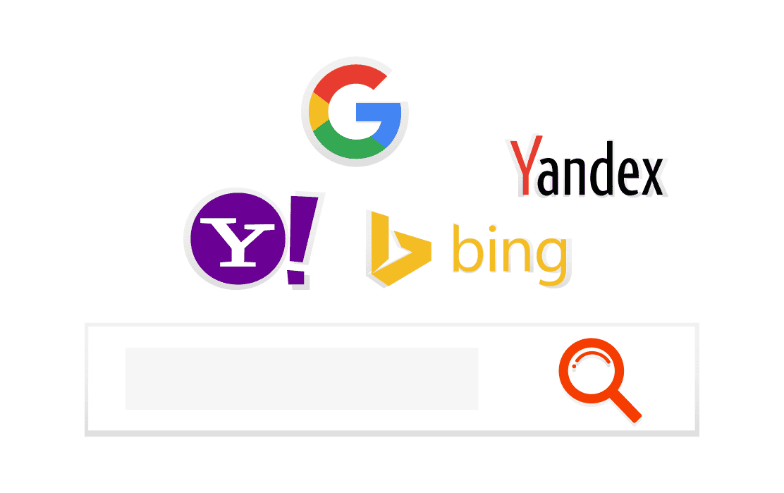 Logos of search engines Google, Yandex, Yahoo, and Bing are displayed above a search bar with an orange magnifying glass icon.
