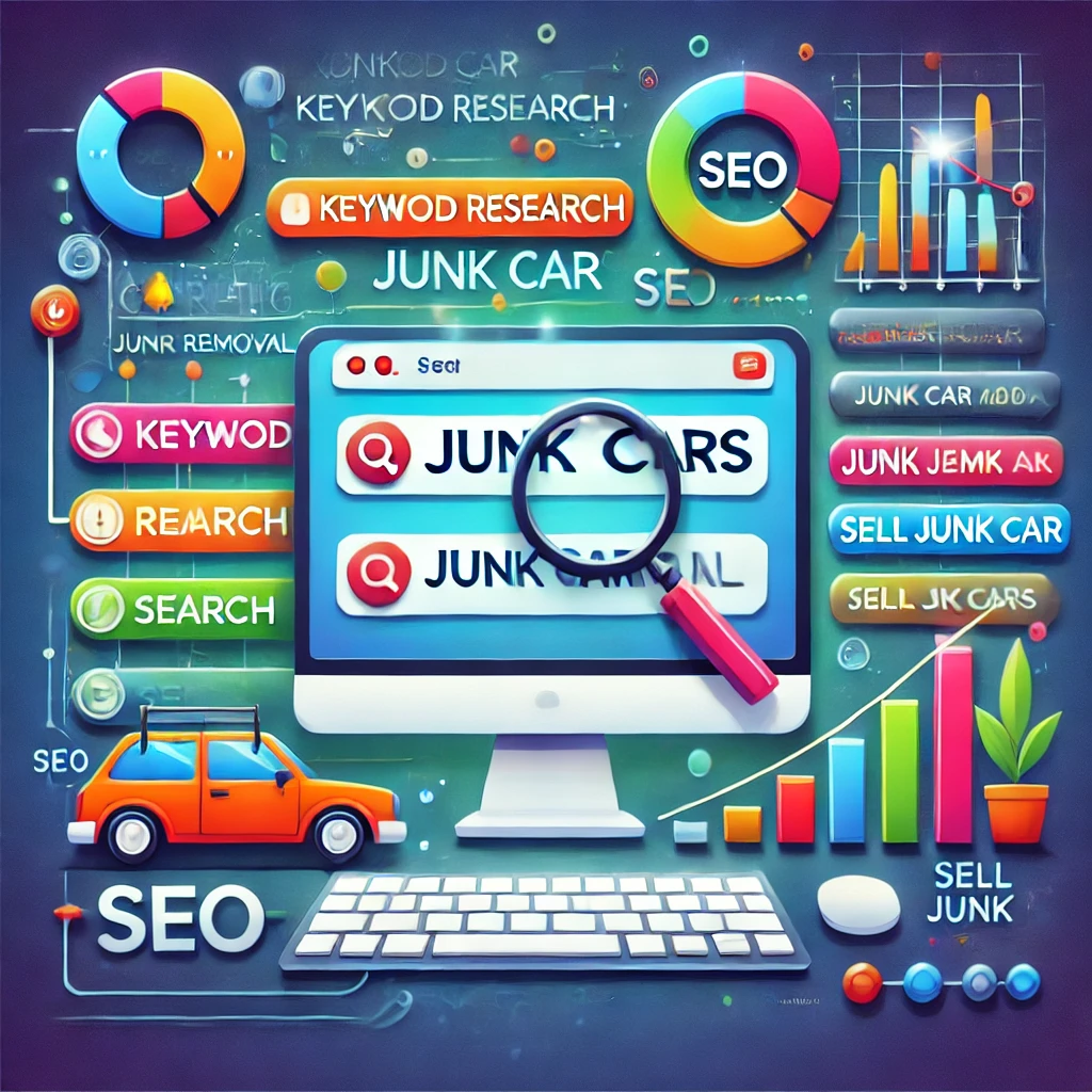 Illustration of a computer screen displaying a search for "junk car removal," surrounded by SEO-related icons and keywords like "keyword research," "sell," and "junk removal." A keyboard, a car, and auto parts sales graphics are also present.