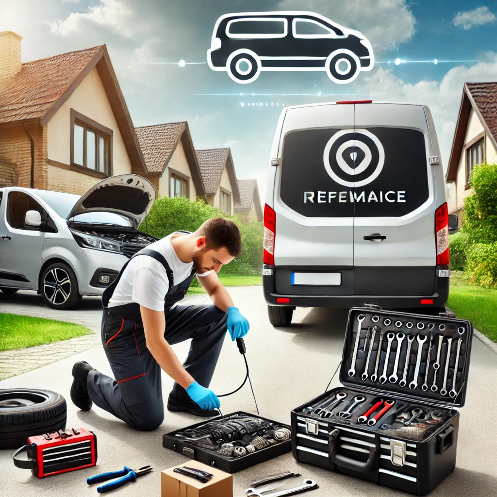 Mechanic fixing a car on a residential street, surrounded by toolboxes and a van with "REFEMAICE" branding. Nearby, another car is parked with its hood open.