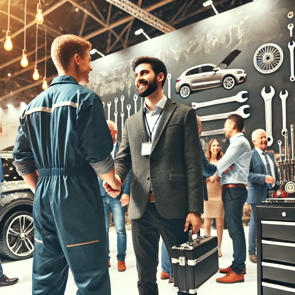 Two men shaking hands at an auto exhibition, surrounded by car tools and a wall with vehicle silhouettes.