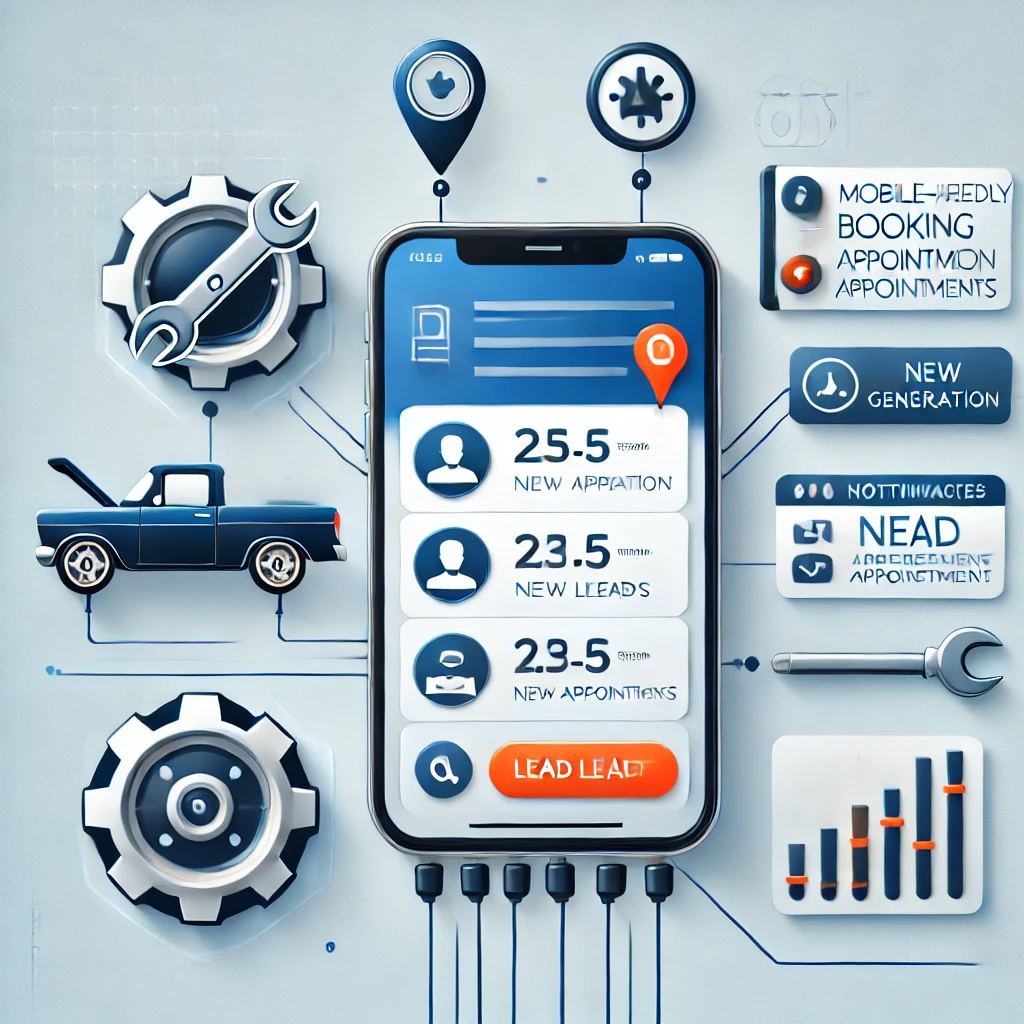 Illustration of a smartphone screen displaying appointment booking details, surrounded by icons of gears, a wrench, a chart, and a pickup truck.