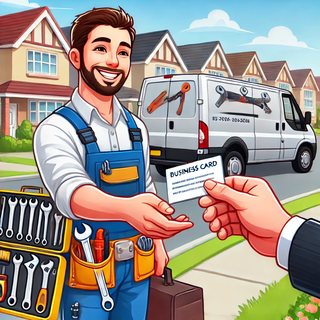 A smiling handyman in overalls holds a toolbox and receives a business card. A van with tool graphics is parked on a residential street in the background.