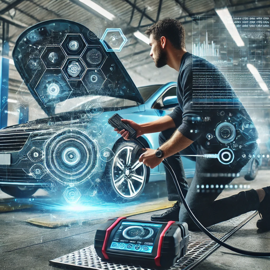 A mechanic kneels next to a car with the hood open, using a diagnostic tool. Holographic overlays display technical data and vehicle diagnostics.