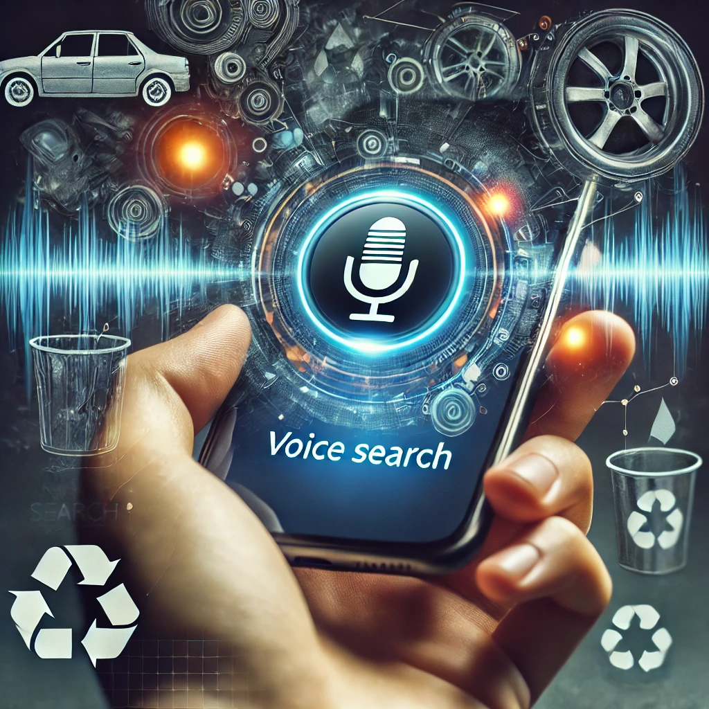 Hand holding a smartphone displaying a microphone icon with "Voice search." Surrounding are digital icons of recycling, a car, and mechanical parts.