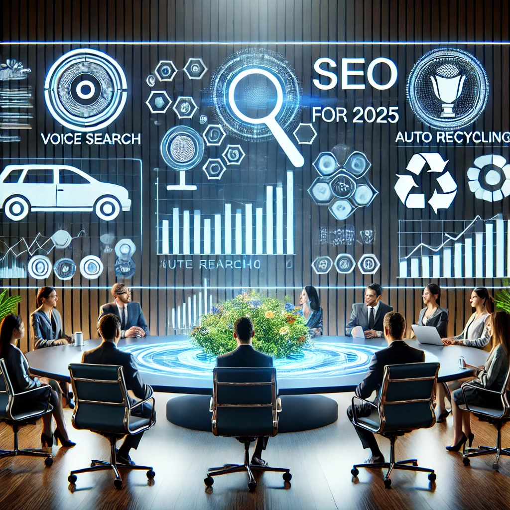 A business meeting with people seated around a table. A digital display shows charts and icons related to SEO, voice search, and auto recycling for 2025.
