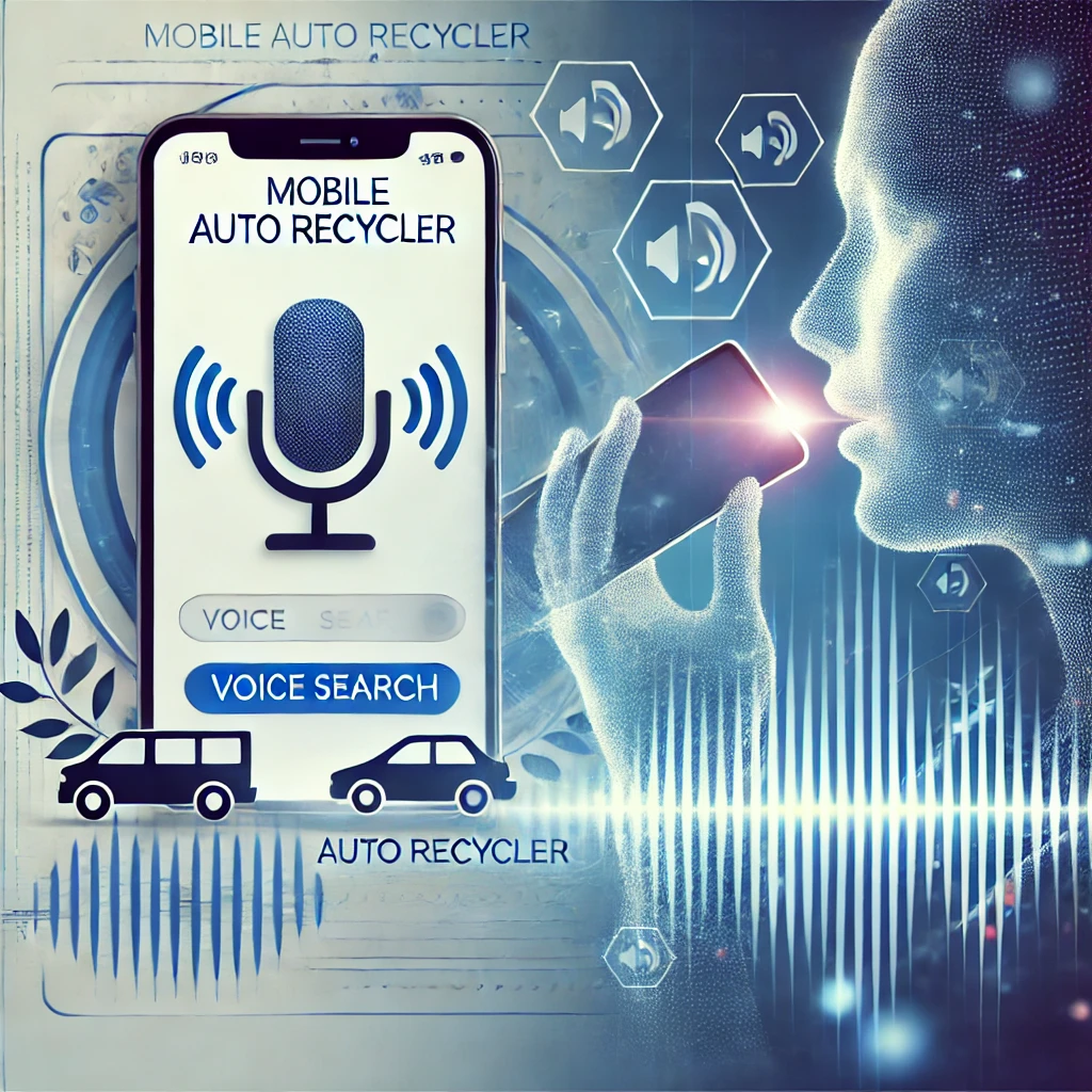 Illustration of a person using a smartphone voice search feature, highlighted with sound waves and icons. The focus is on mobile auto recycler information.