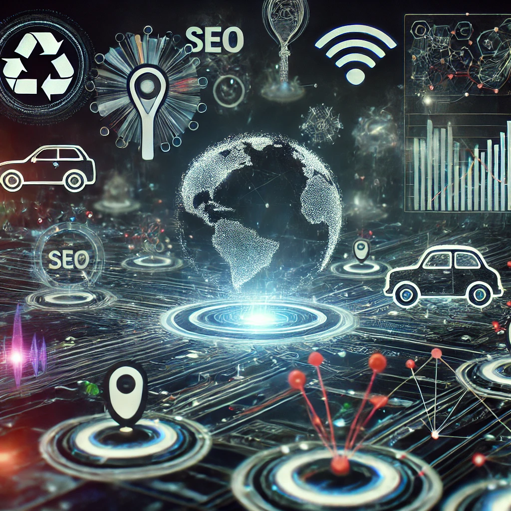 Digital globe surrounded by icons of cars, recycling, SEO, and connectivity on a futuristic interface background, with graphs and data elements.
