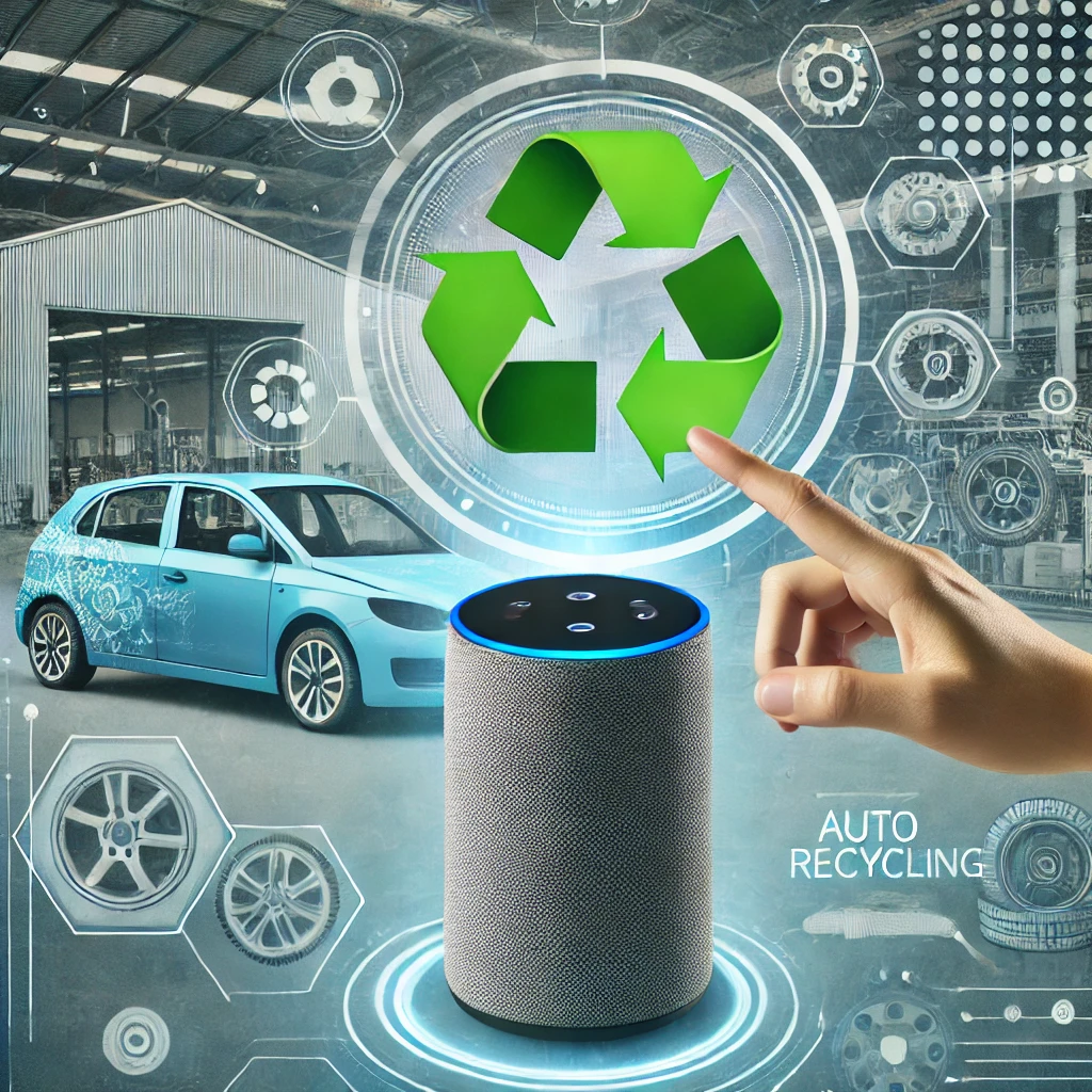 Smart speaker with recycling symbol projected above, surrounded by automotive parts icons and a blue car in a garage background. Hand pointing at the symbol labeled "Auto Recycling.