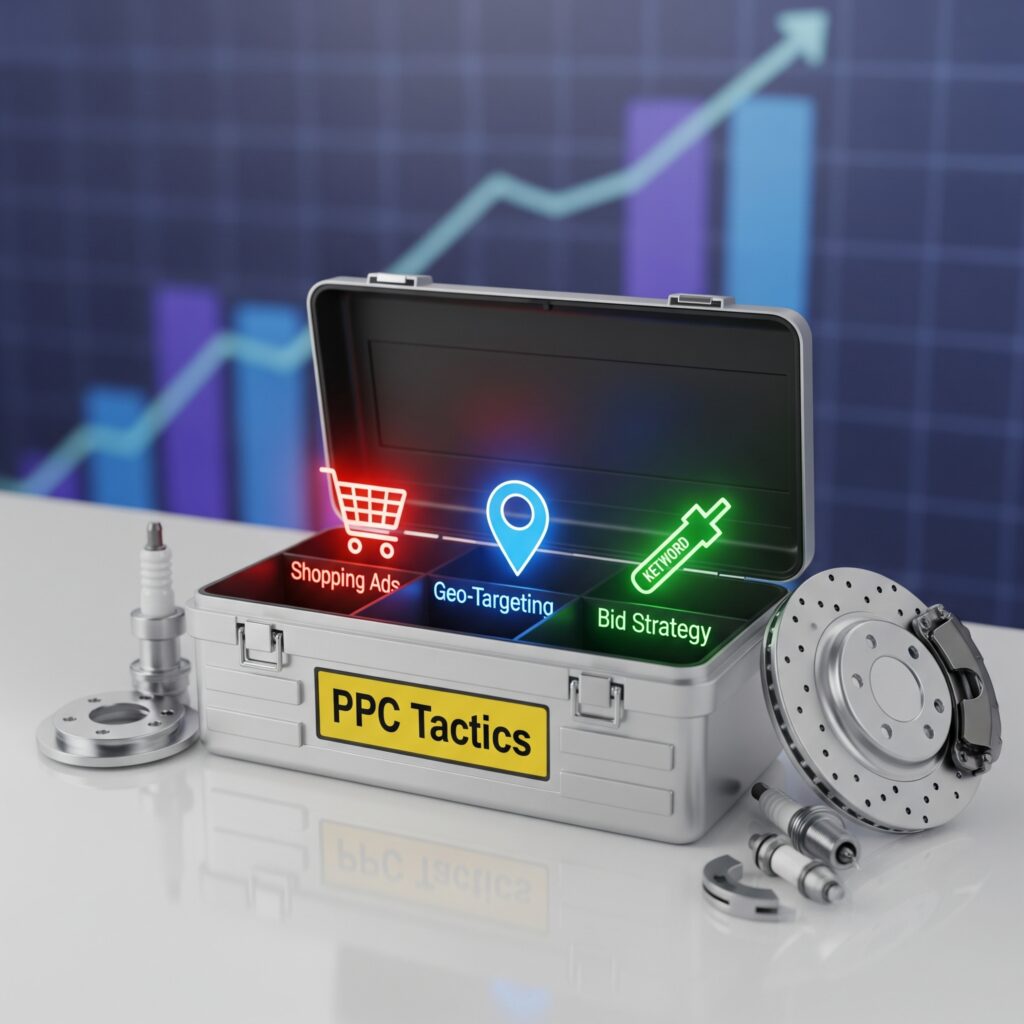 An open metal case labeled "PPC Tactics" contains glowing icons for shopping ads, geo-targeting, bid strategy, and campaign, with machinery parts and a graph in the background.