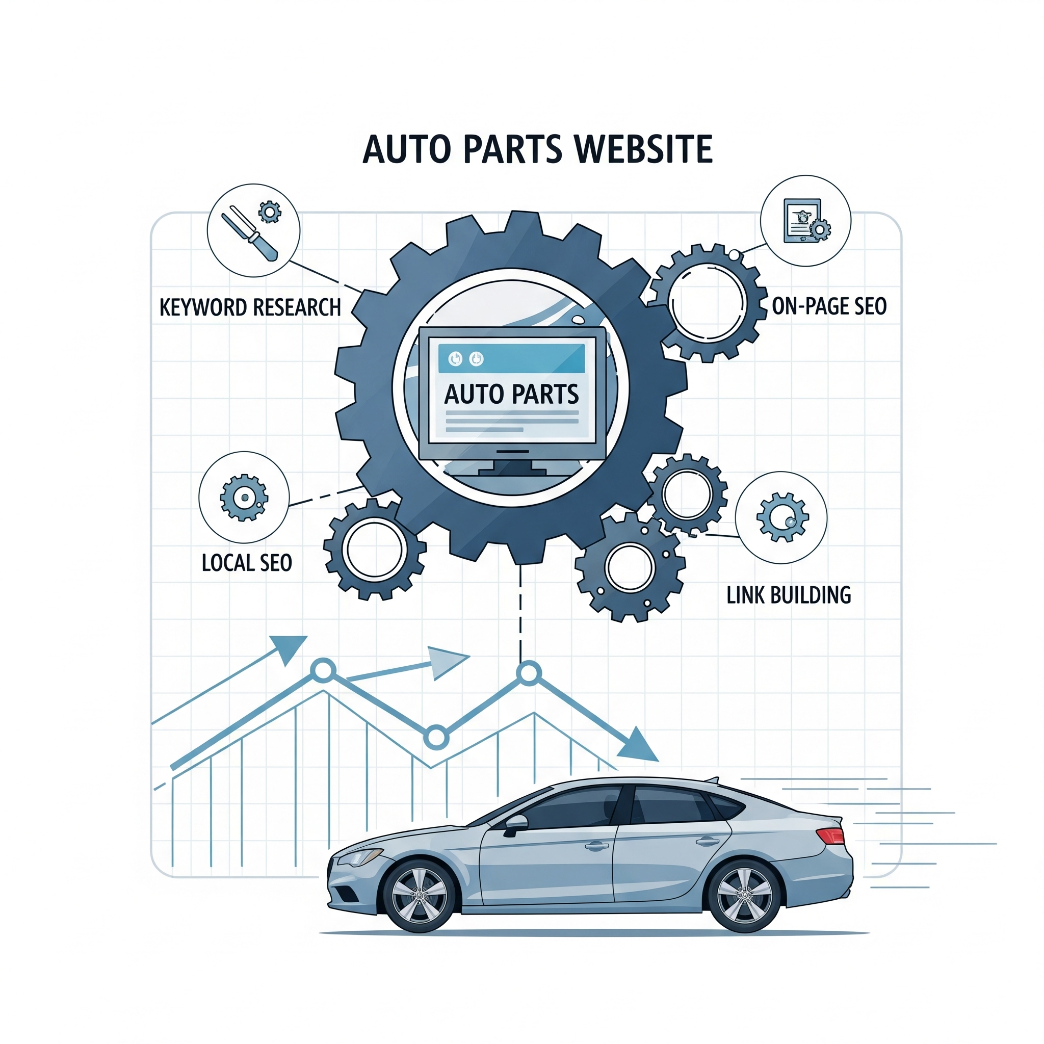Illustration of an auto parts website surrounded by gears labeled keyword research, on-page SEO, local SEO, and link building, with a car and rising graph in the background.