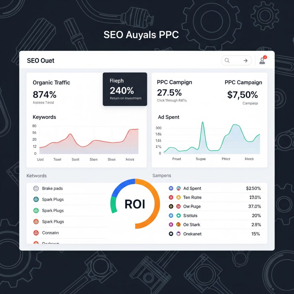 A digital dashboard displays SEO and Auto Parts Retail PPC campaign analytics, including organic traffic, ROI, ad spend, click-through rates, and keyword performance using graphs and charts.
