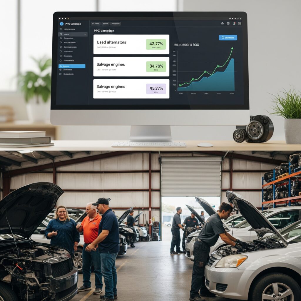 A computer screen displays PPC campaign data above a busy auto repair shop where mechanics and staff work on vehicles and consult with each other.